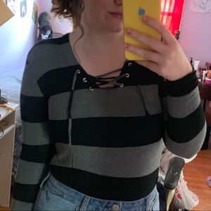 Striped shirt, tie neckline